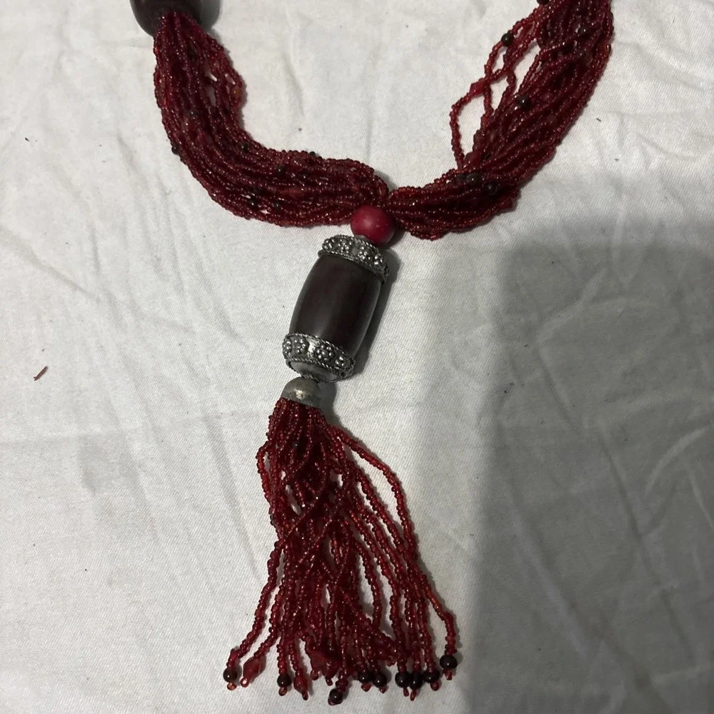Red Chunky Multi Strand Seed Bead Necklace Nickle Free Made In India‎